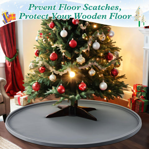Dunkive mat in use under a decorated Christmas tree for floor protection