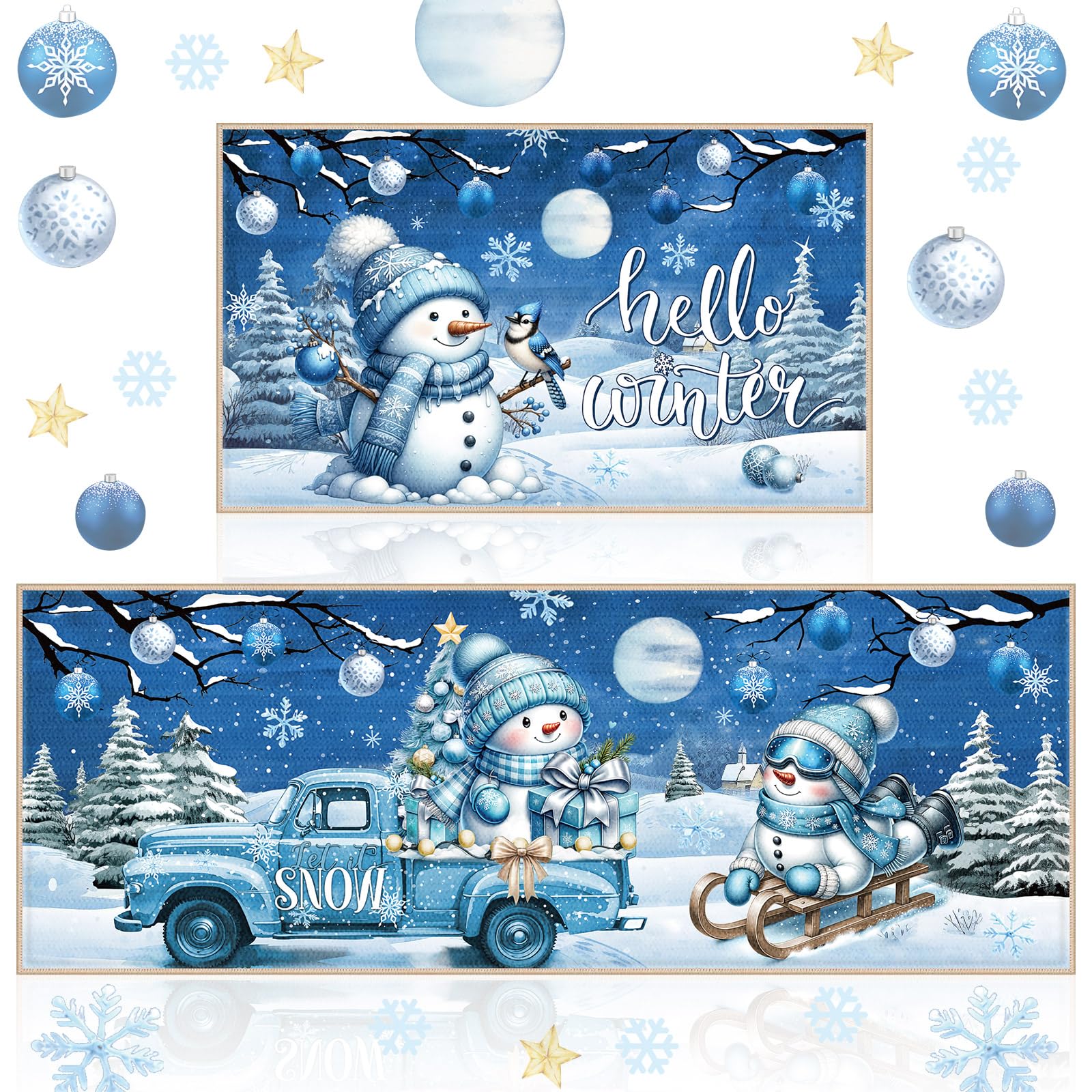Duraaamo front packaging showing snowman mats and festive design benefit: seasonal decor