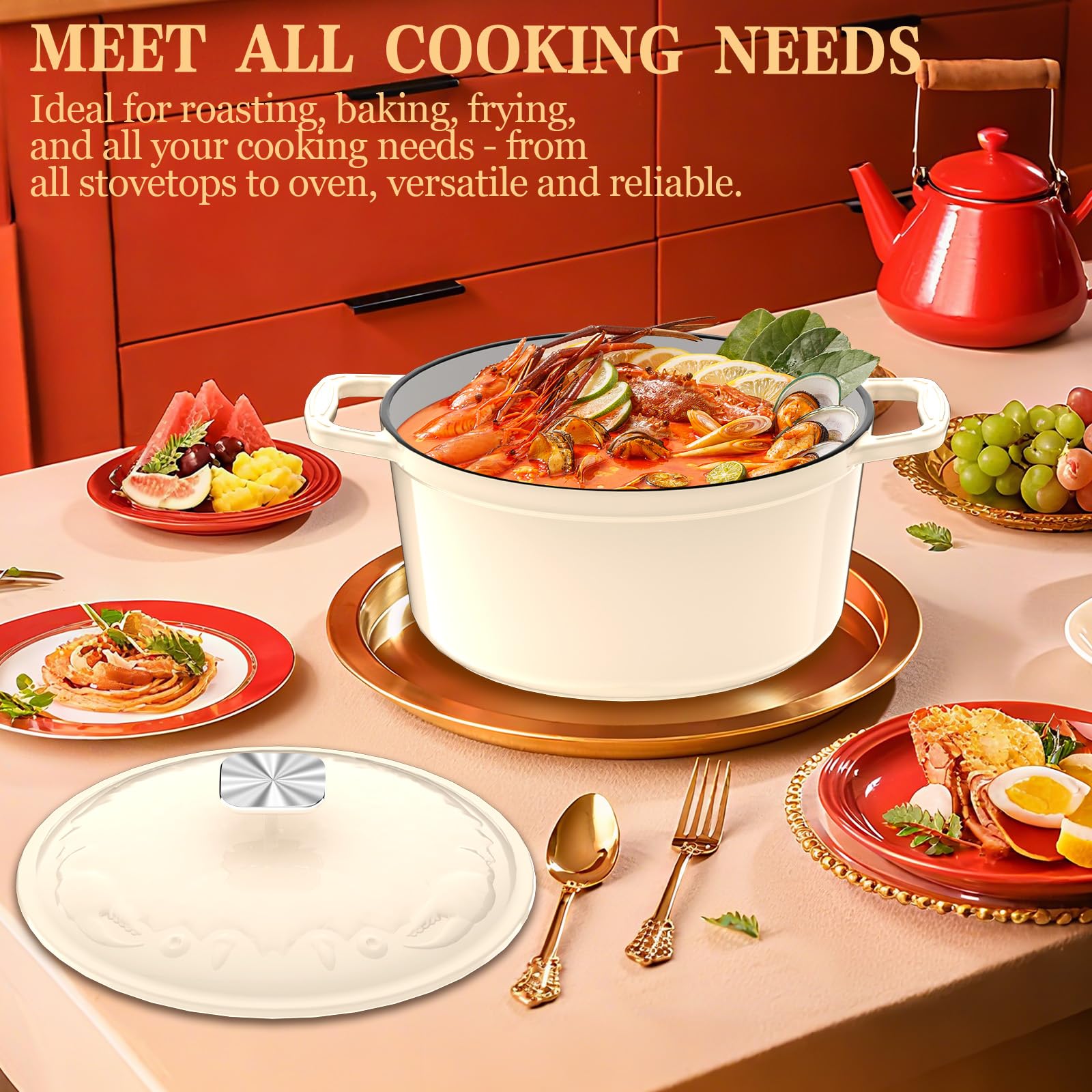 DUTZUN next to utensils for scale, illustrating 5QT capacity and serving size