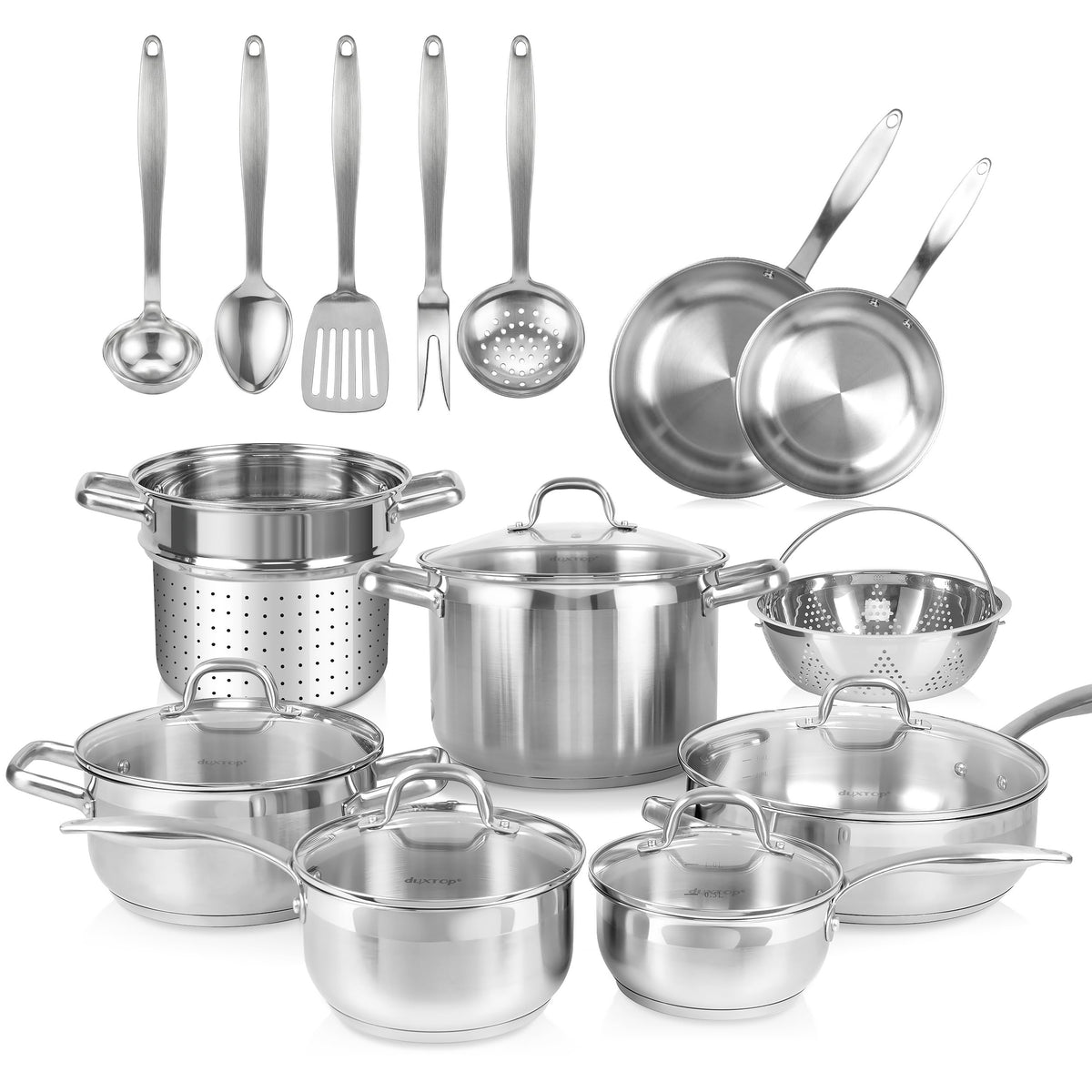duxtop front view of set with lids showing durable 18/10 stainless finish and versatility