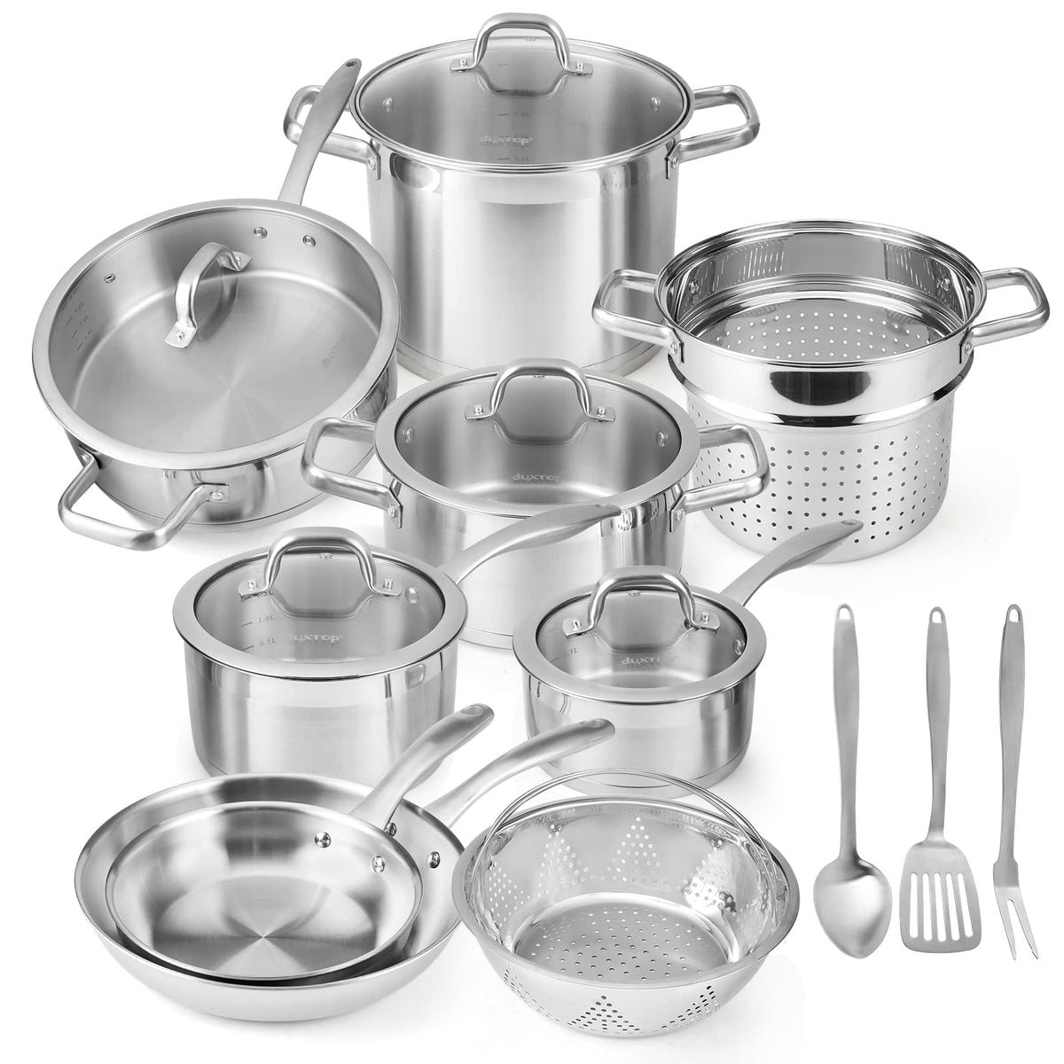 duxtop front view of full 17pc set showing organized contents and ready-to-use quality