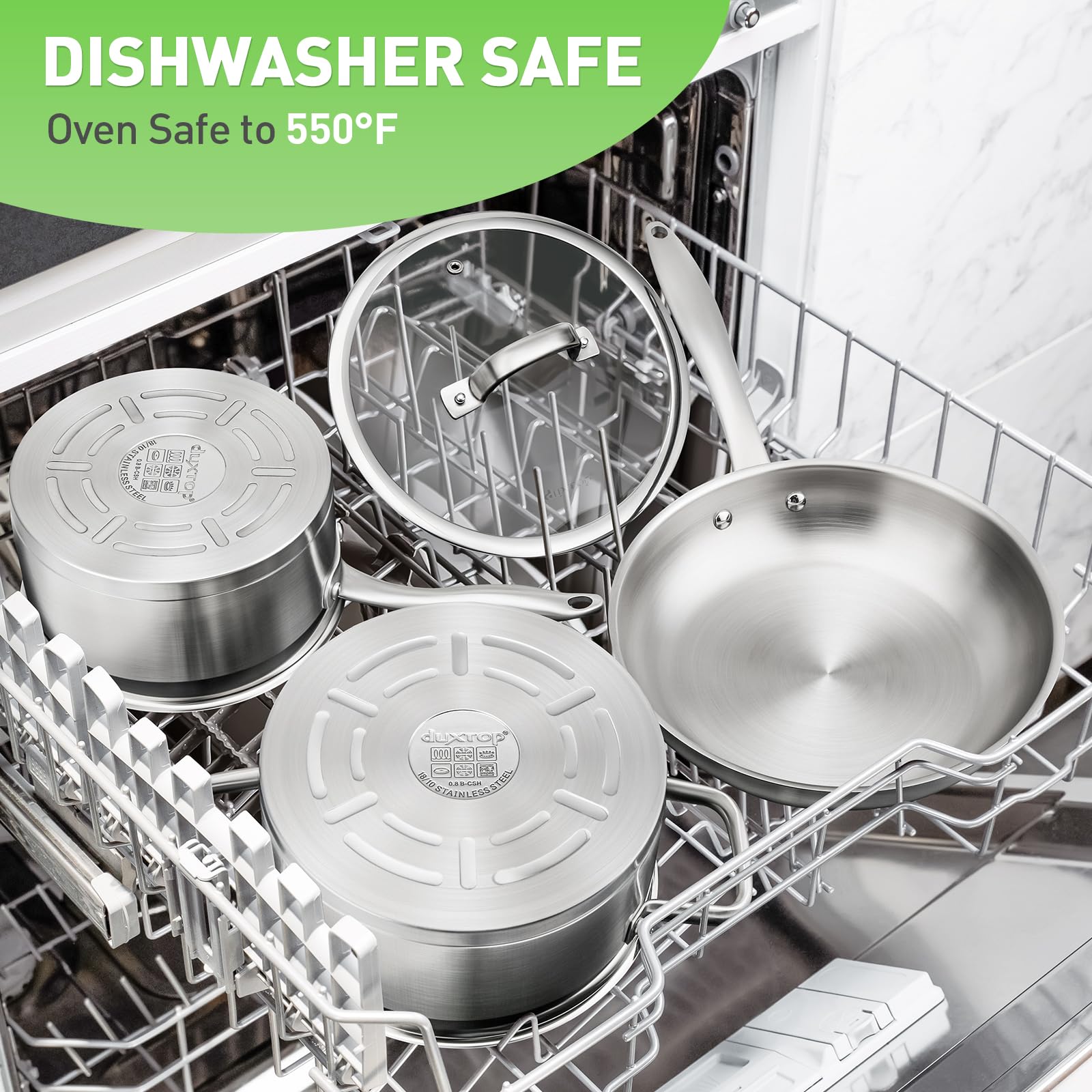 duxtop fry pans and steam basket displayed side-by-side for quick size comparison