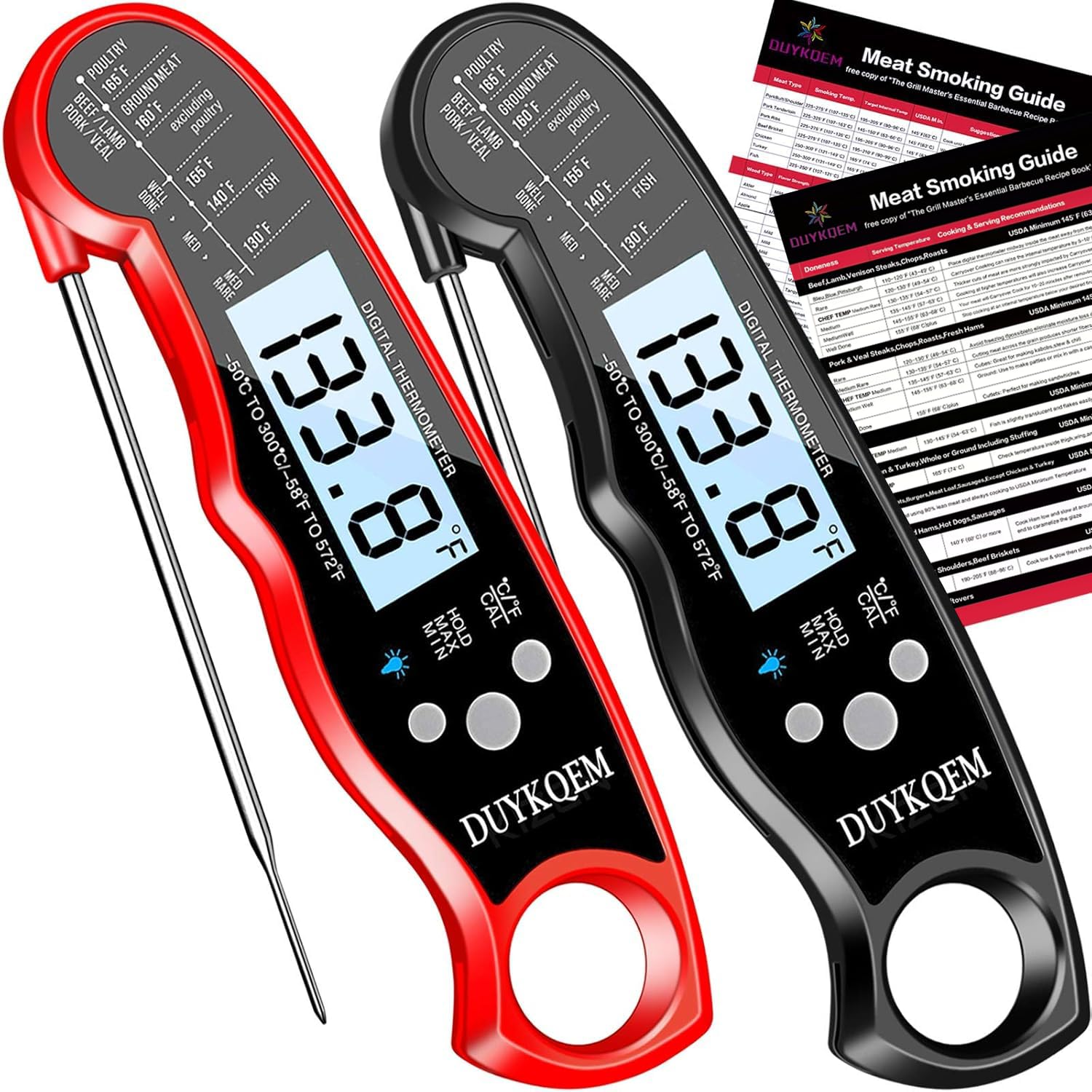 DUYKQEM front packaging showing two-color instant-read thermometers and accessories