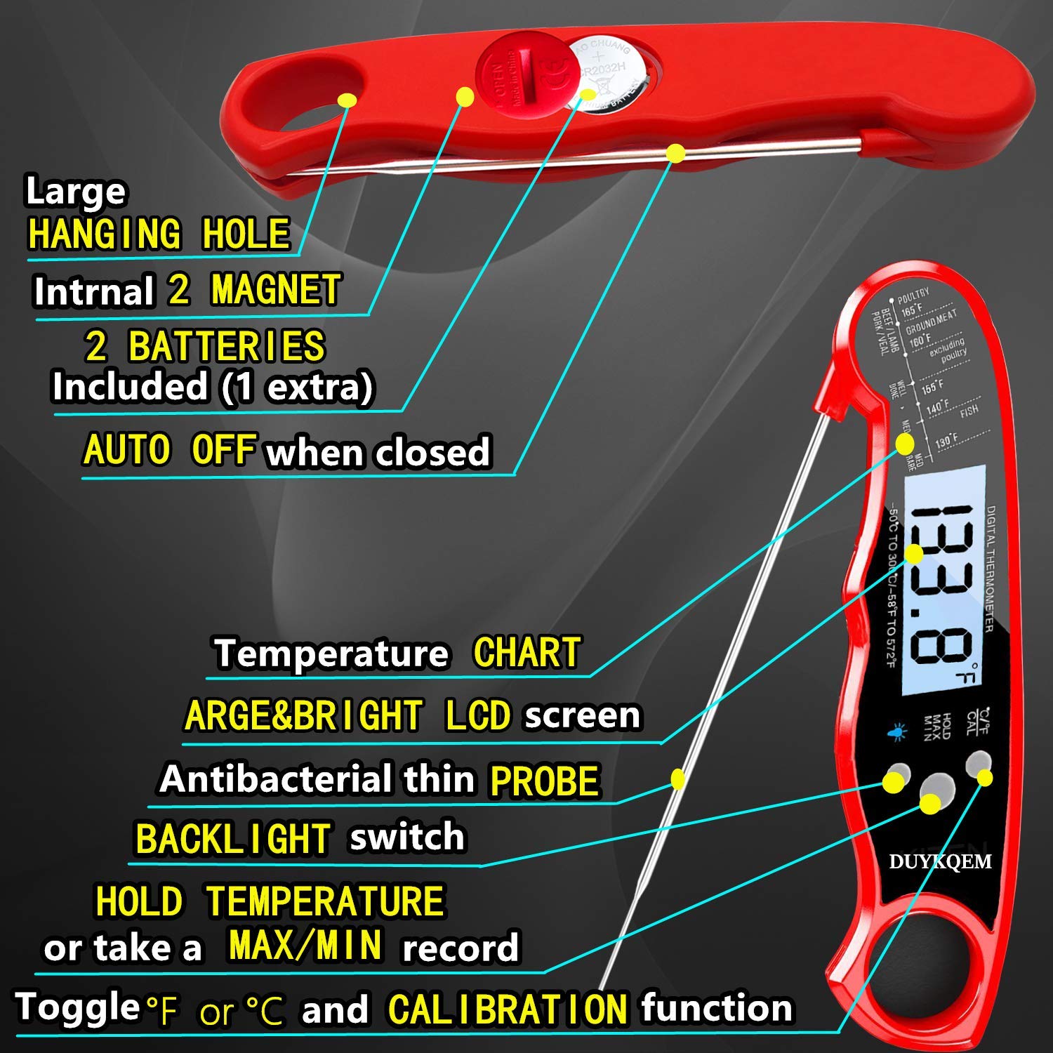 DUYKQEM thermometer in use on a grill checking steak temperature for perfect doneness