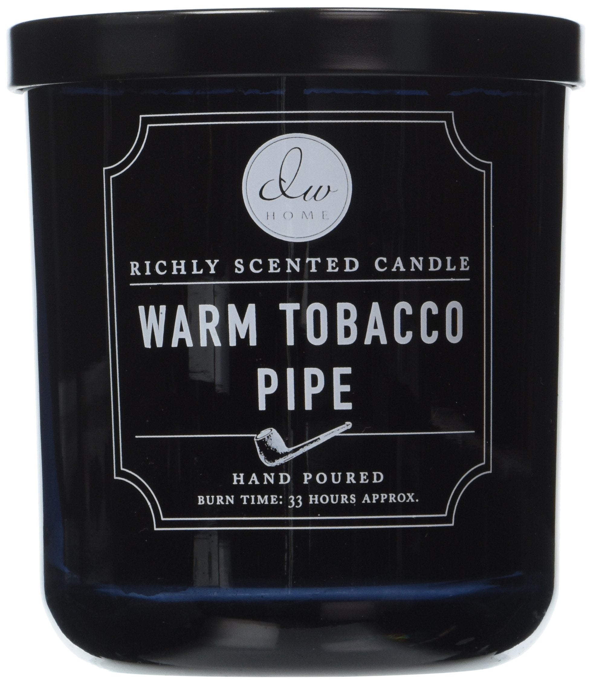 DW Home candle front view in black glass showing label and premium look