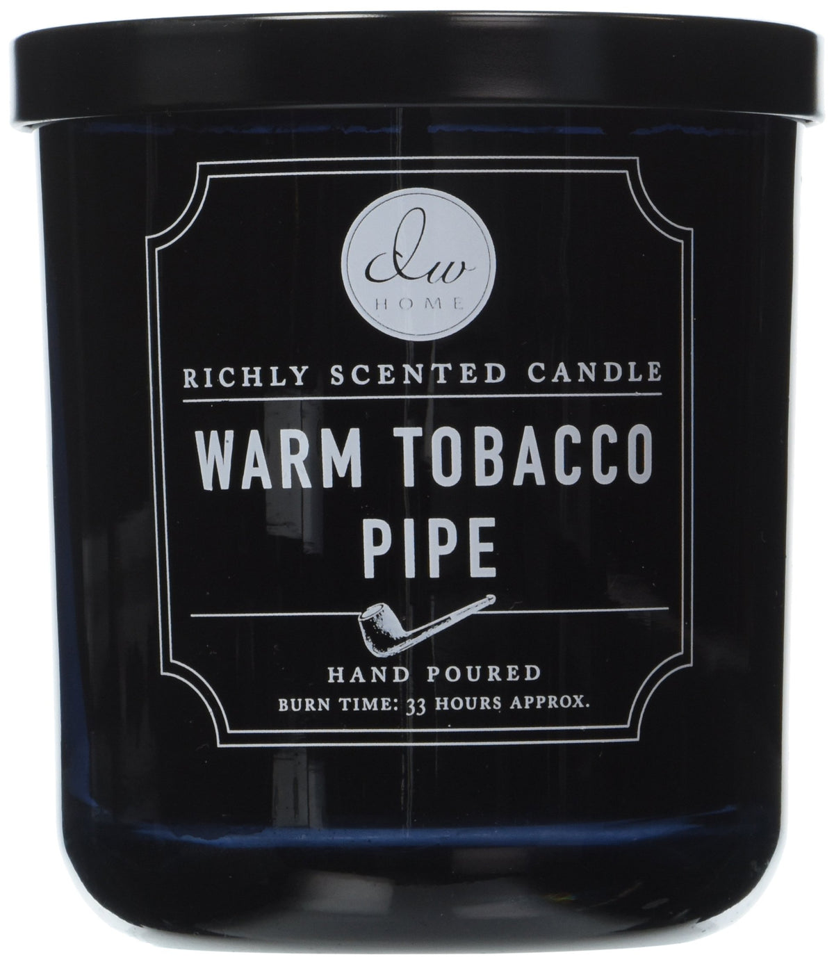DW Home candle front view in black glass showing label and premium look