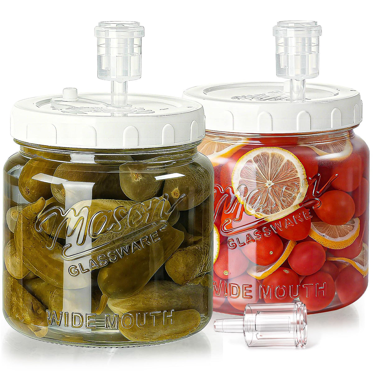 Dwbligt front view of two half-gallon jars showing durable glass and lids for secure storage