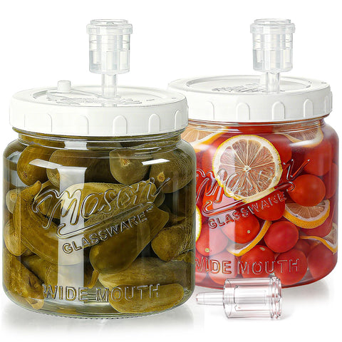 Dwbligt front view of two half-gallon jars showing durable glass and lids for secure storage