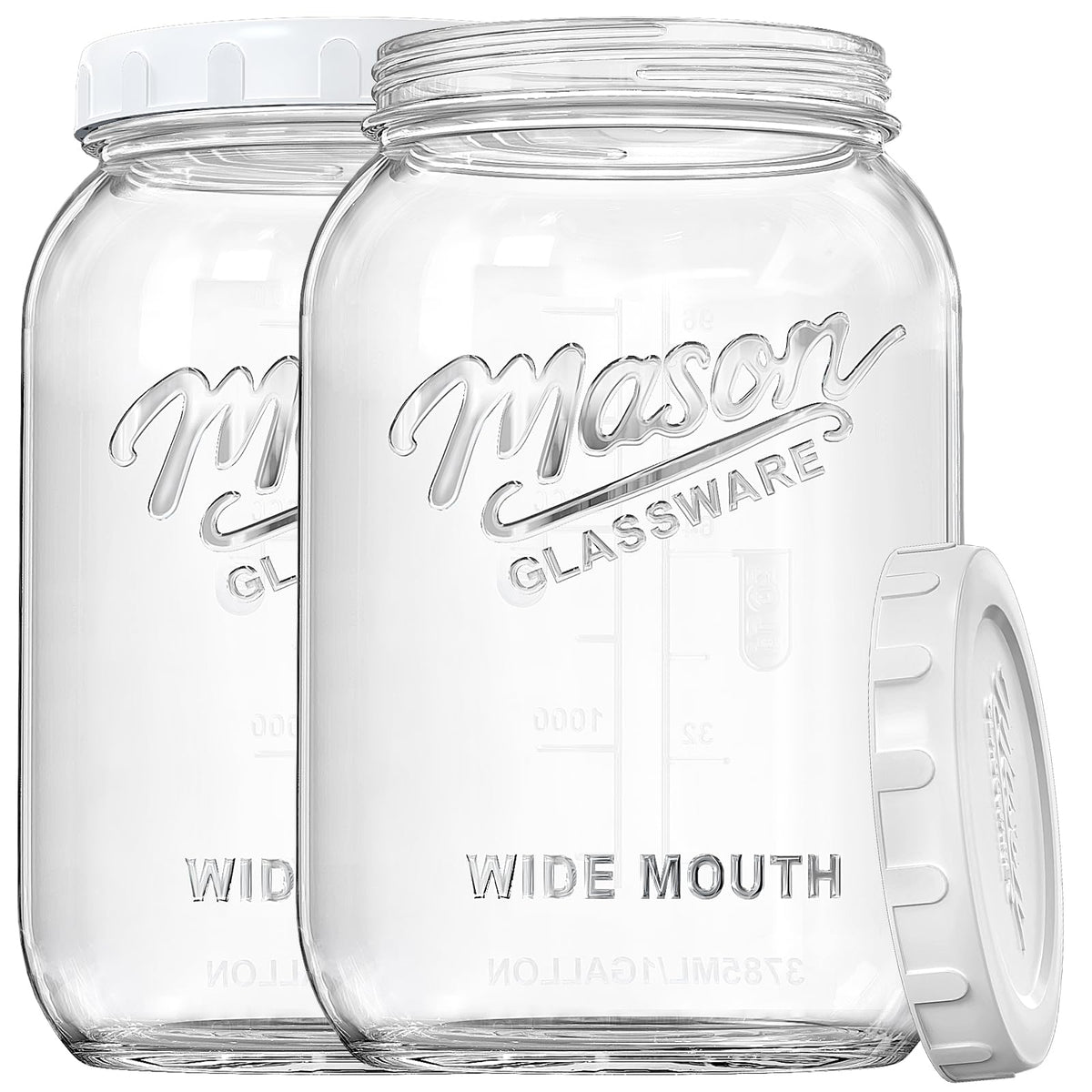 Dwbligt front view of two 1-gallon mason jars showing clear glass and lids for organized storage
