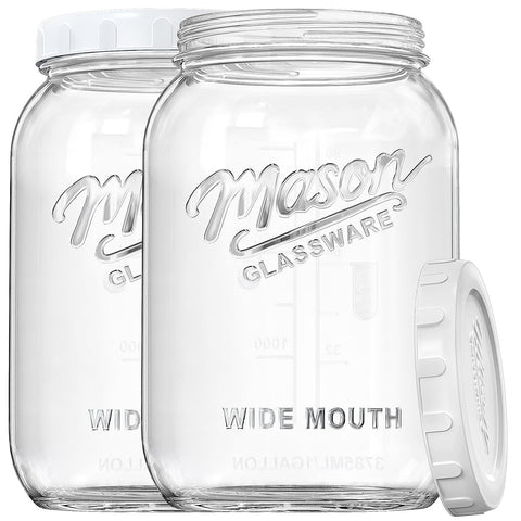 Dwbligt front view of two 1-gallon mason jars showing clear glass and lids for organized storage