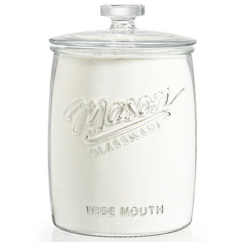Dwbligt front view of 1 gallon jar showing clear glass and capacity
