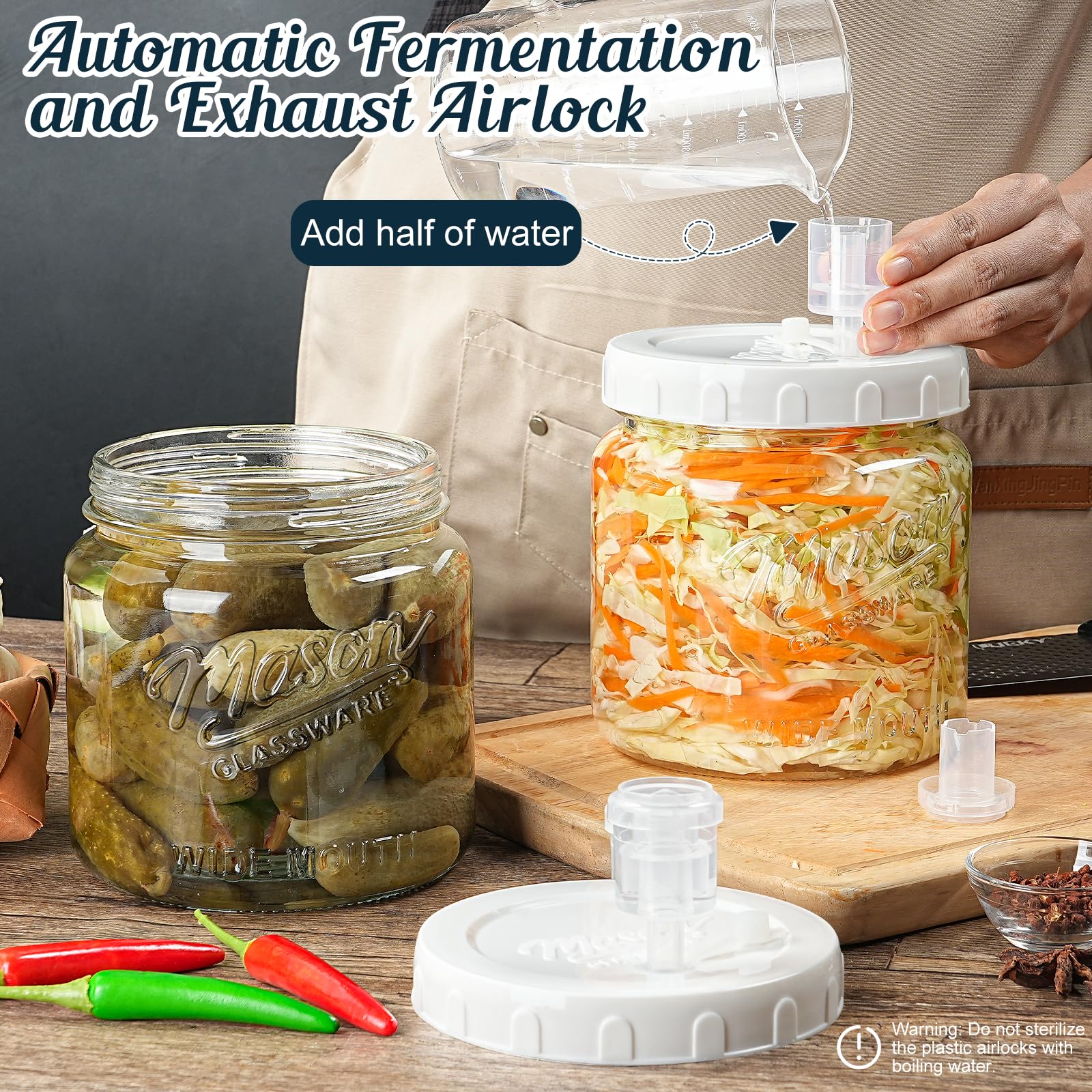 Dwbligt jar in use fermenting pickles hands-on, demonstrating simple home fermentation