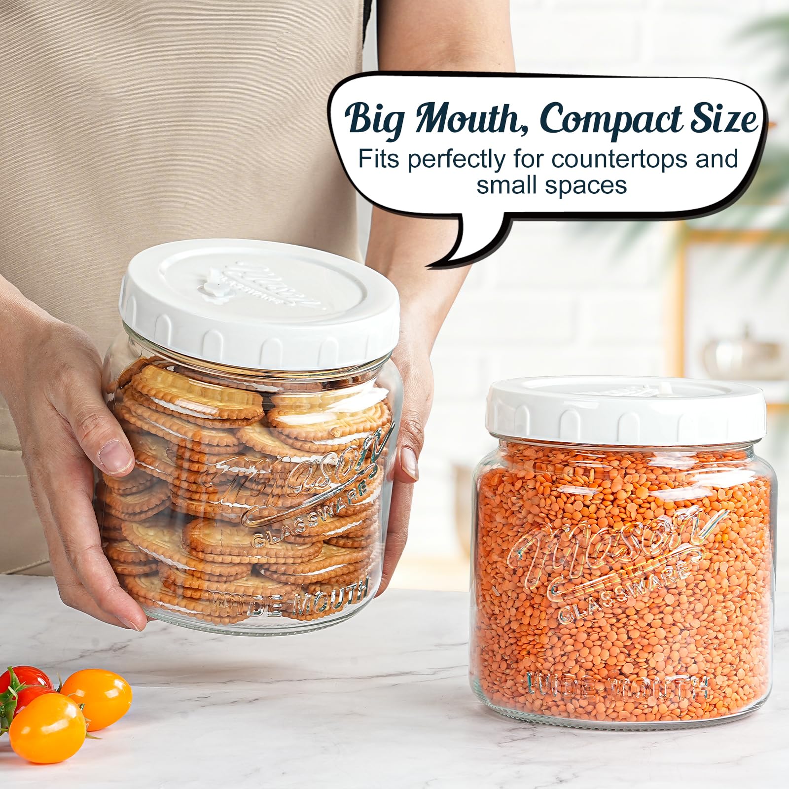 Dwbligt jar next to apples for scale showing compact half-gallon capacity advantage