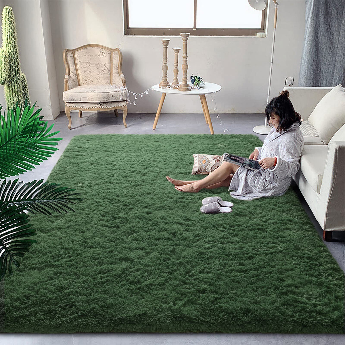 DweIke front view of dark green 6x9 rug showing plush surface and color benefit