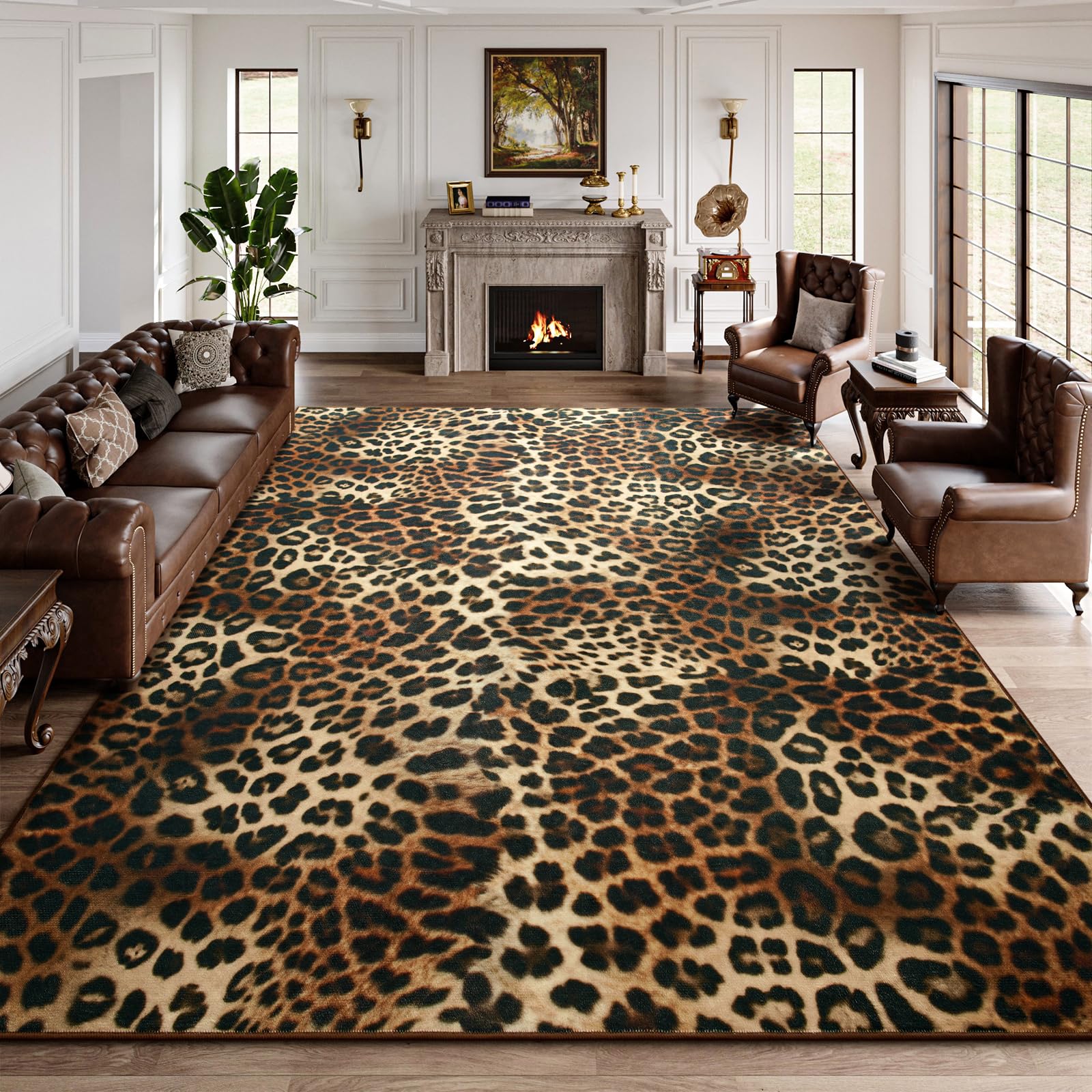 DweIke front view of leopard rug showing bold print and durable pile