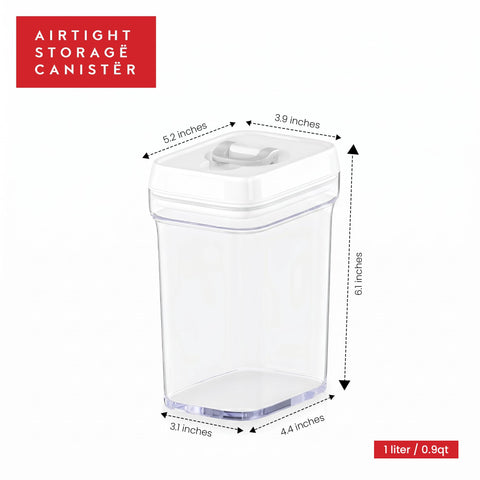 DWËLLZA KITCHEN container beside measuring cup showing 1L capacity and portion control