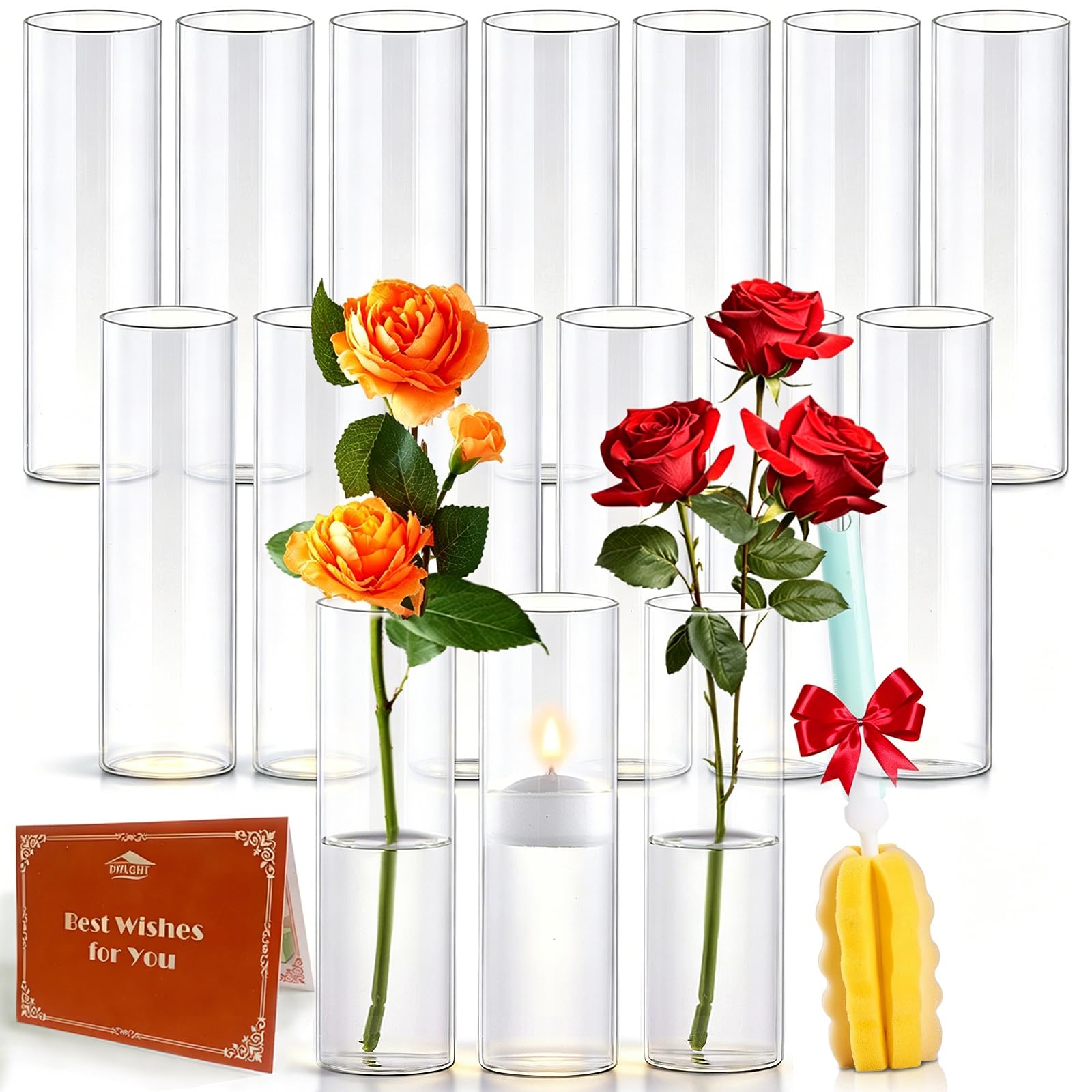 DWLGHT front view of 16 glass cylinder vases showing uniform set and packaging benefit