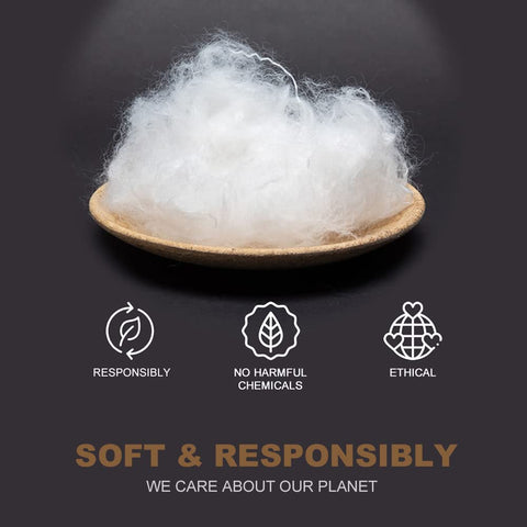 DWR comforter fill visualization showing polyester-lyocell blend benefits