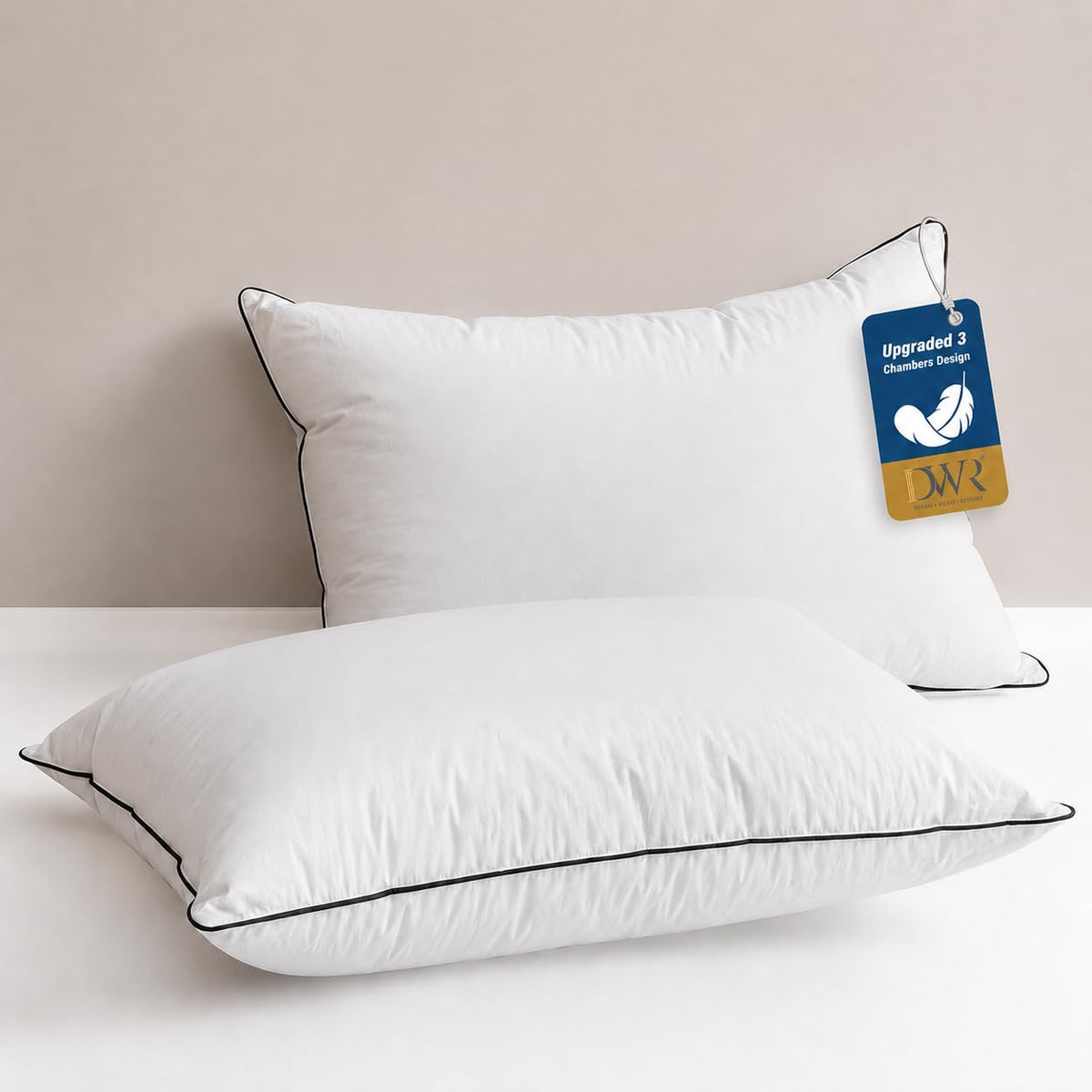 DWR goose pillow front view showing loft and supportive comfort