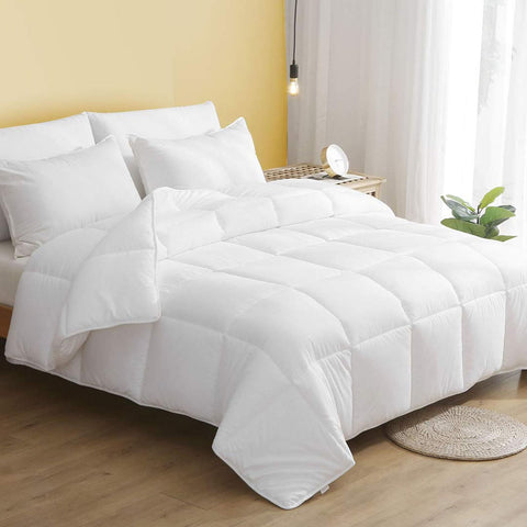 DWR king comforter front on bed showing full coverage and plush look