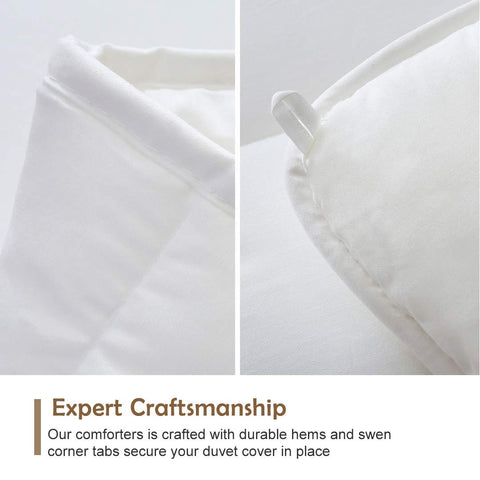DWR comforter styled in bedroom showing hotel-quality finish and comfort