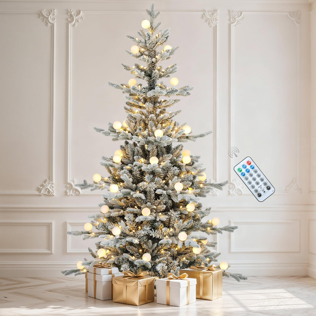 DWVO 6ft front view of prelit flocked tree showing full festive silhouette and instant setup
