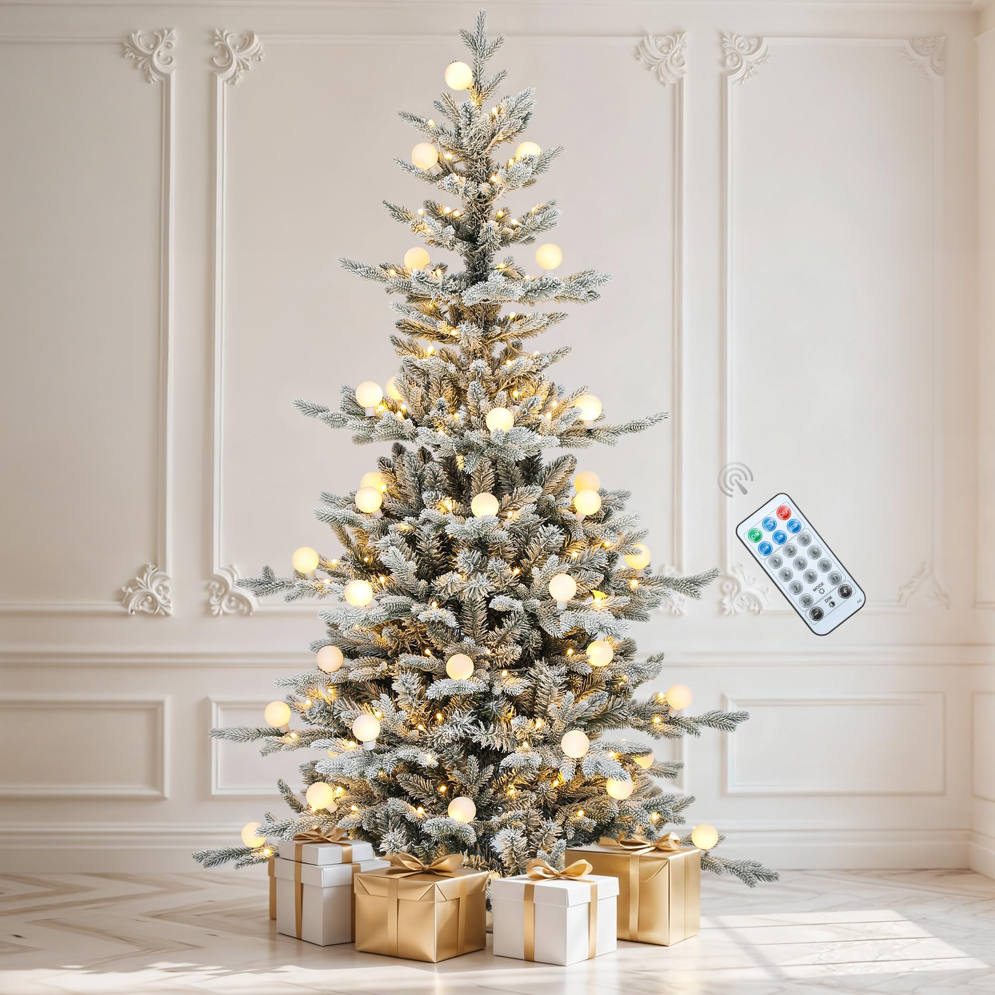 DWVO front view of prelit flocked tree showing full snowy appearance and instant decor