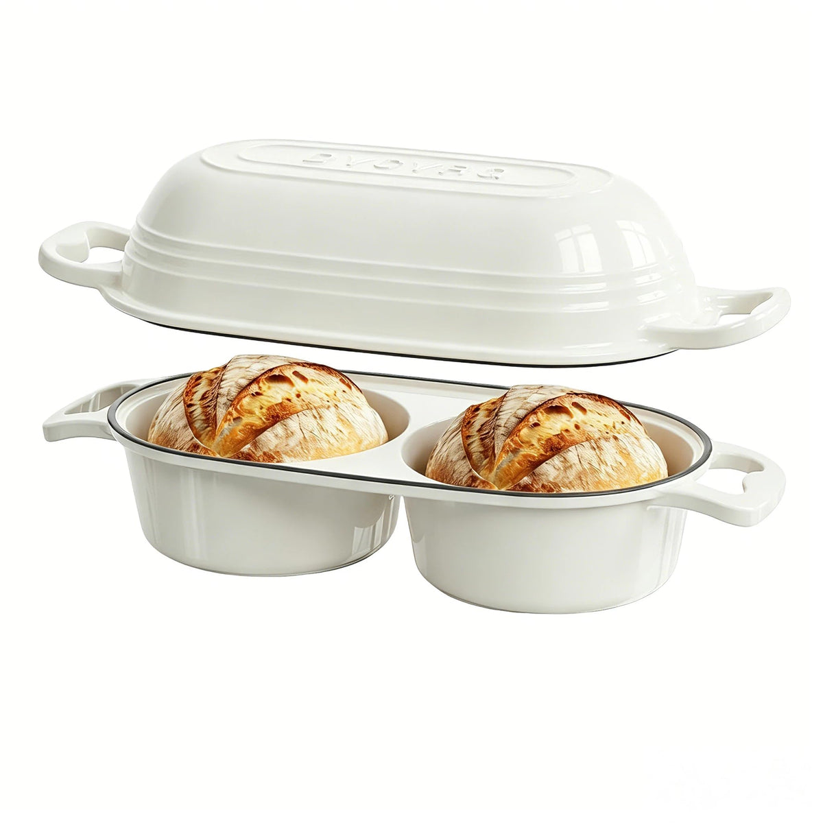 DYCYRQ double Dutch oven front view showing twin chambers and lids for efficient baking