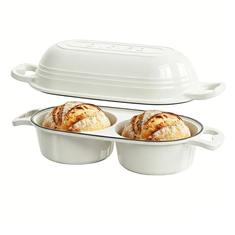 DYCYRQ double Dutch oven front view showing twin chambers and lids for efficient baking