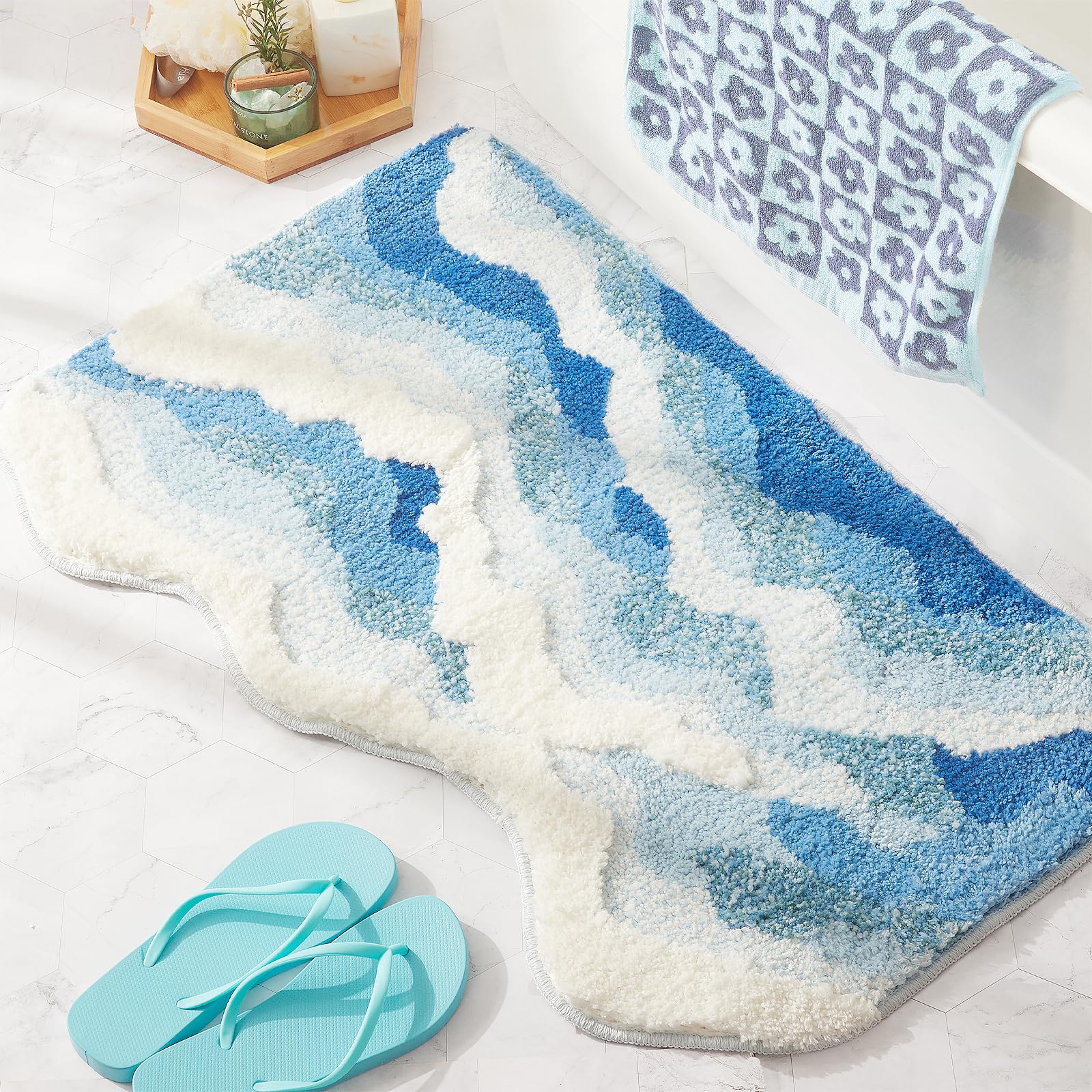 DyeFury front view of ocean wave bath mat showing coastal design and cozy comfort