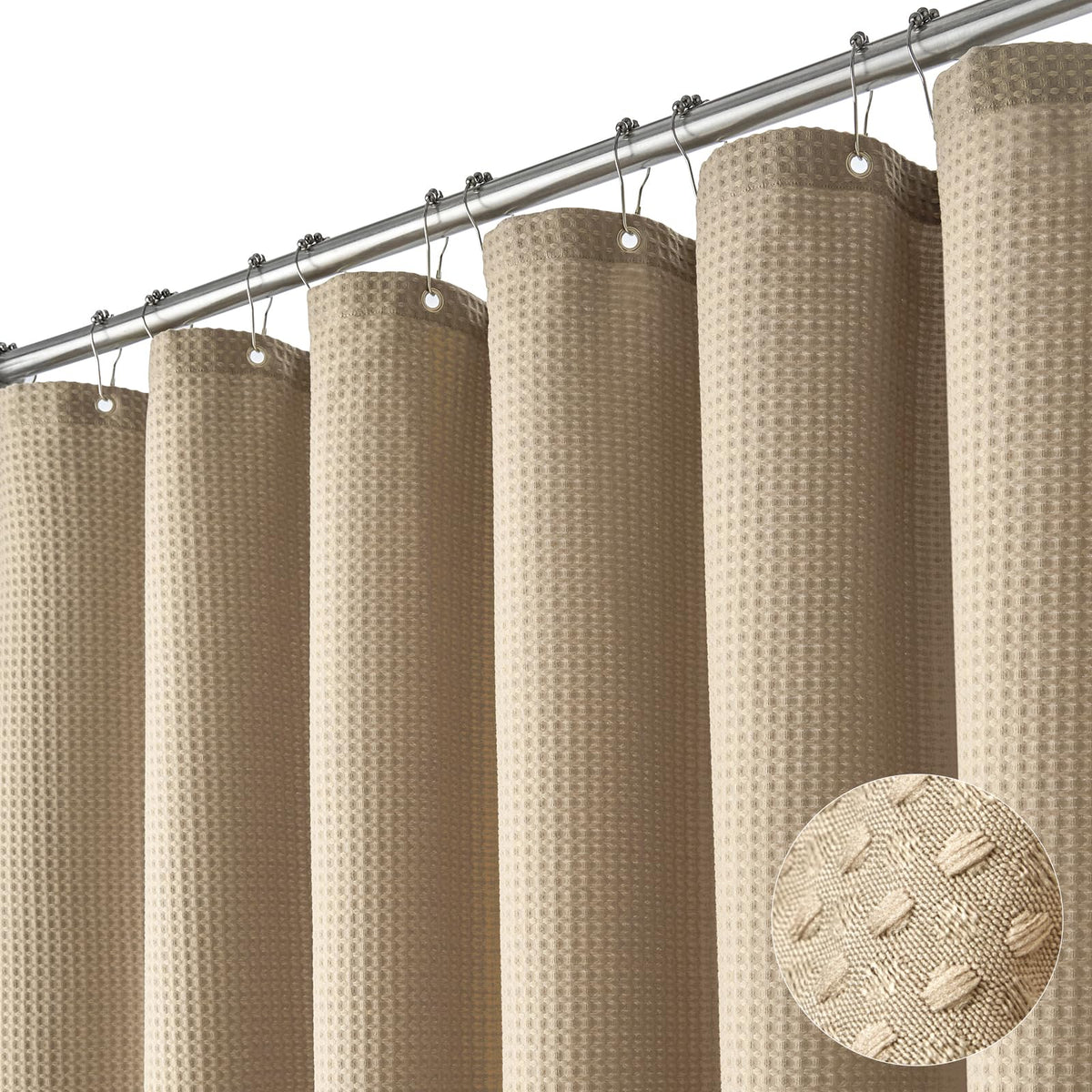 Dynamene front view beige waffle curtain showing neat drape and spa-like look