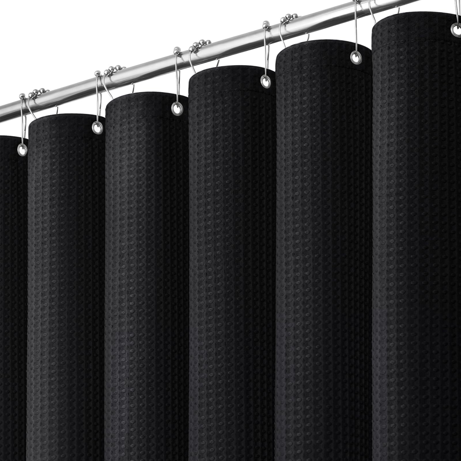 Dynamene front view of black waffle shower curtain showcasing full panel and hooks