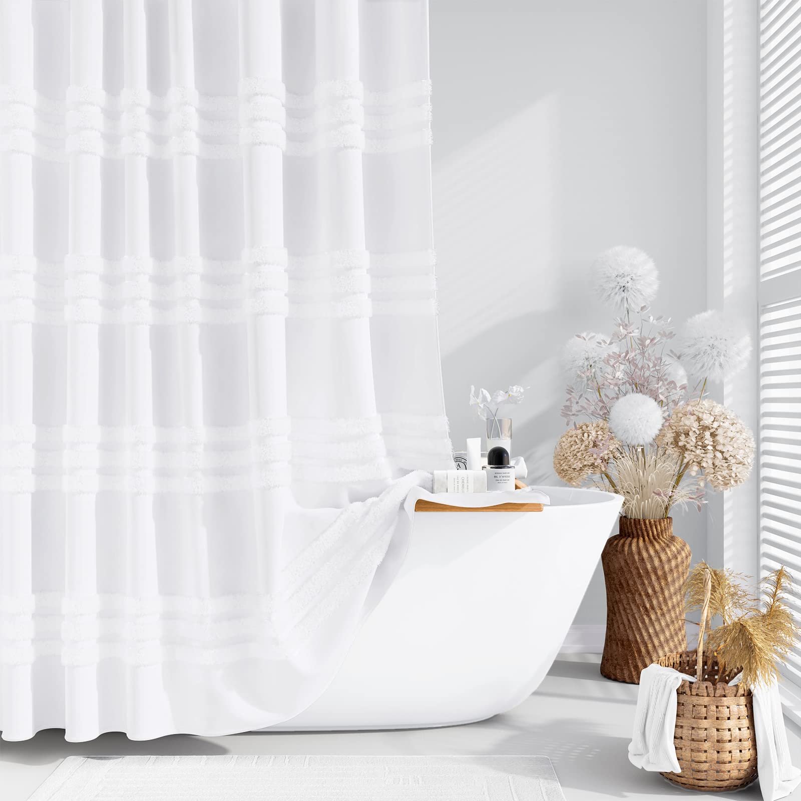 Dynamene front view of white chenille striped shower curtain for elegant style
