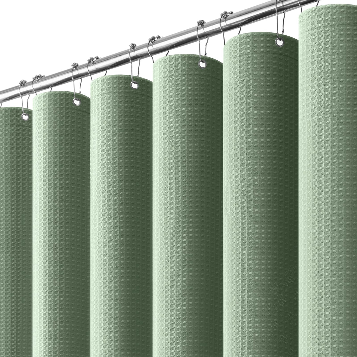 Dynamene front panel in sage green showing full curtain and elegant bathroom benefit