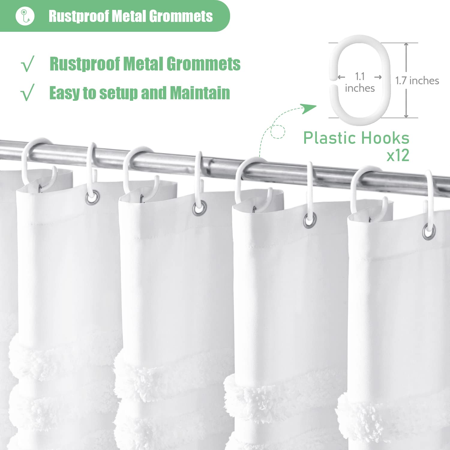 Dynamene curtain beside standard tub to show 72 by 72 inch fit