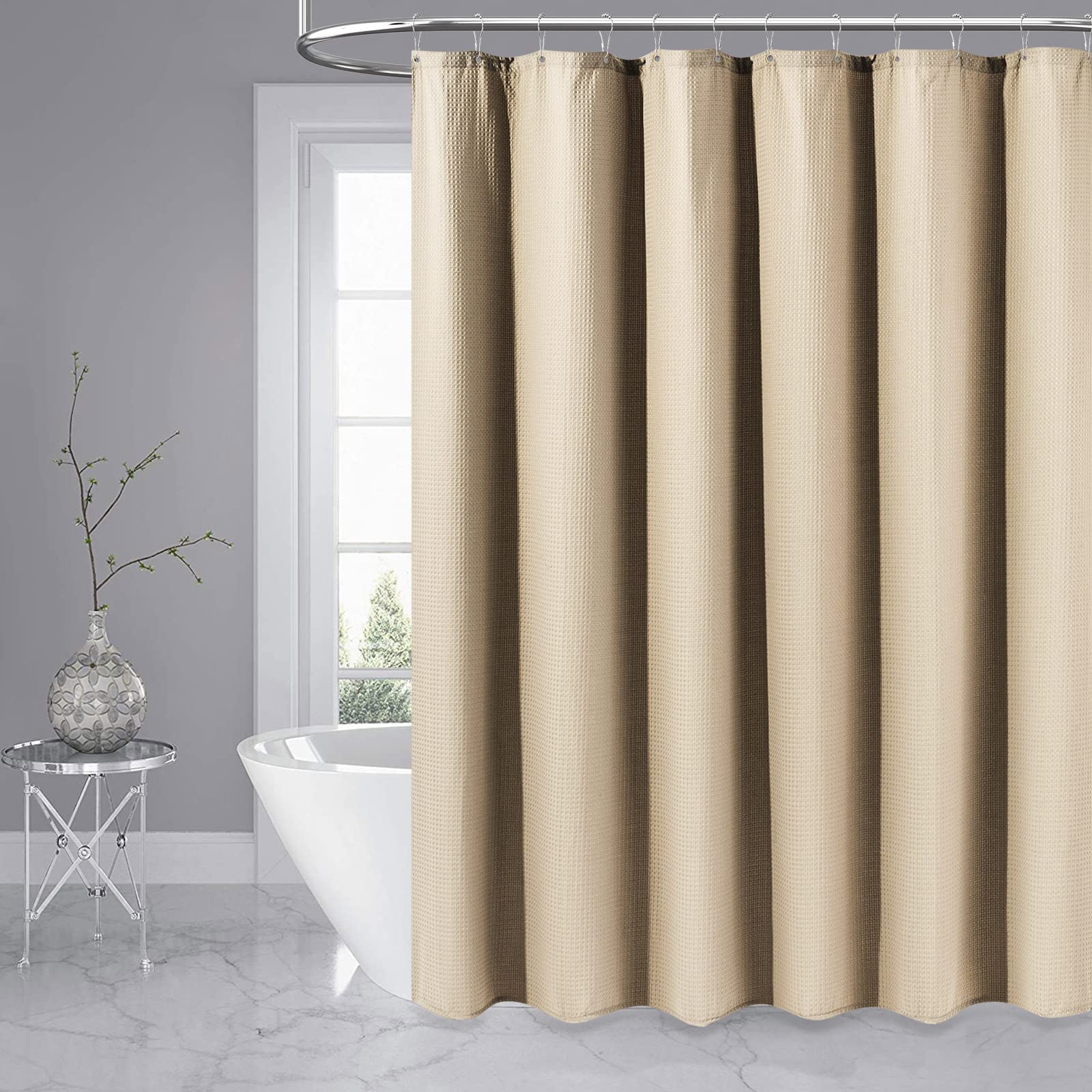 Dynamene curtain length shown against tub for accurate size fit