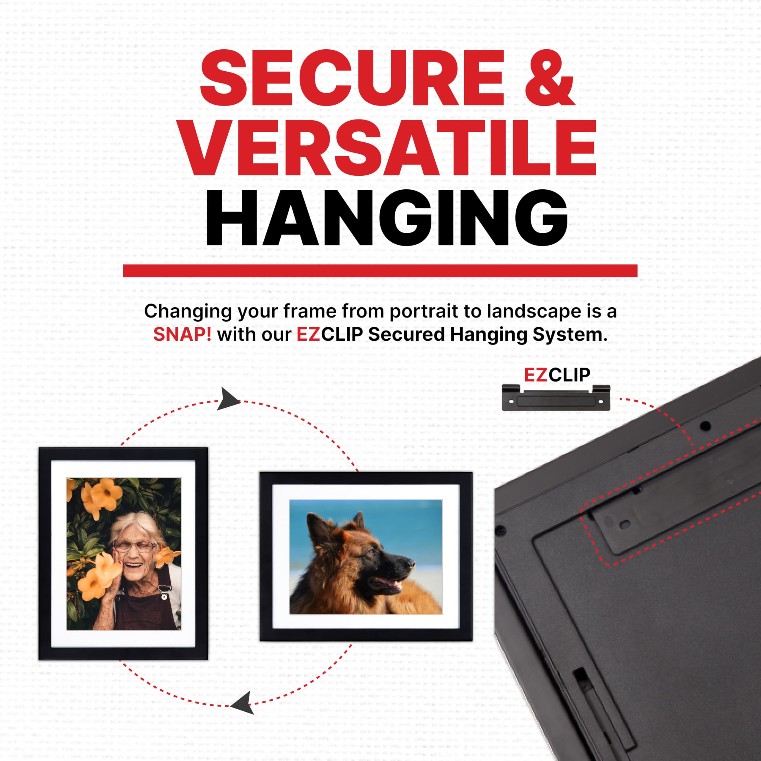 Dynamic Frames Li’l Davinci hung horizontally on wall, demonstrates flexible display and easy rotation