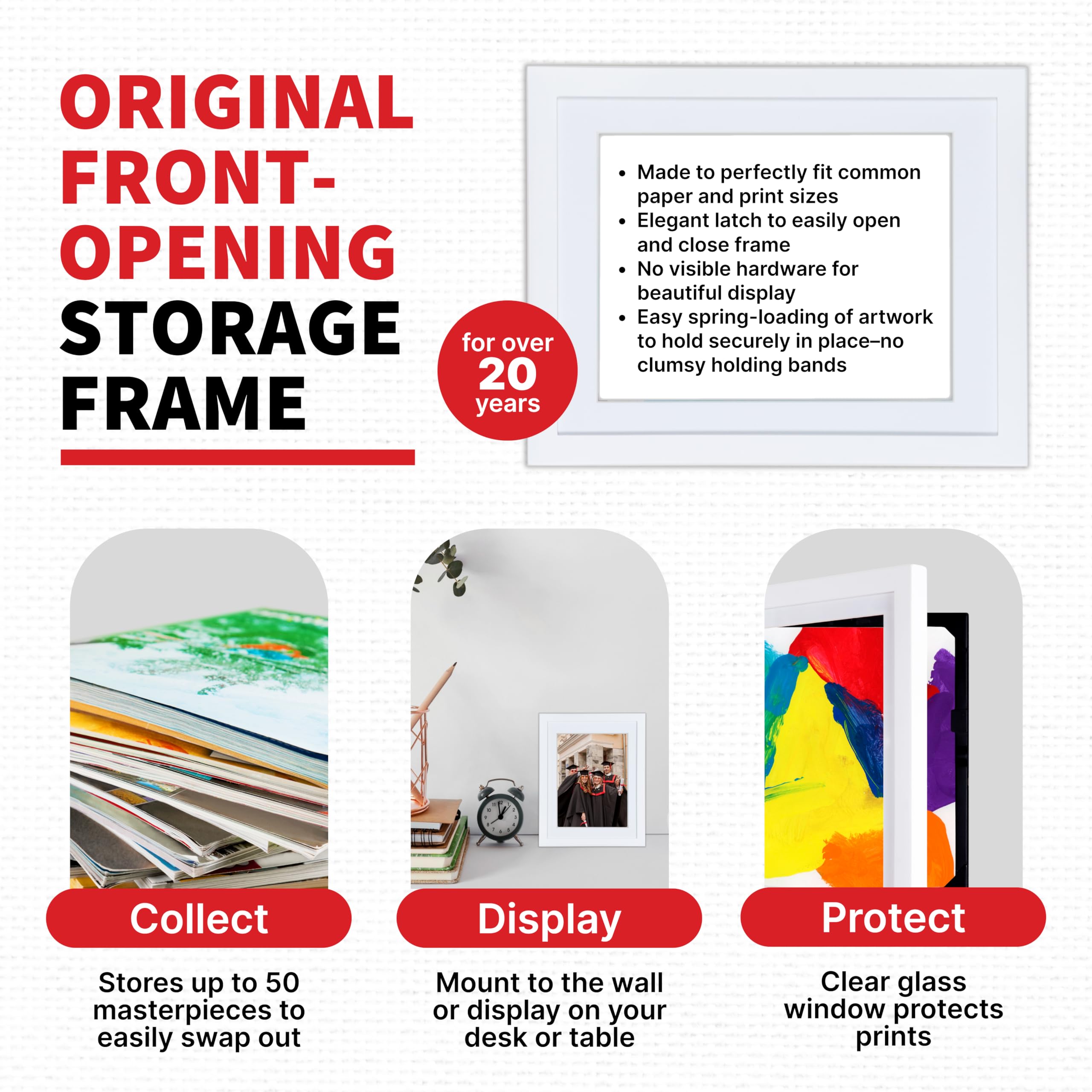 Dynamic Frames open cabinet revealing stacked artwork and easy storage access