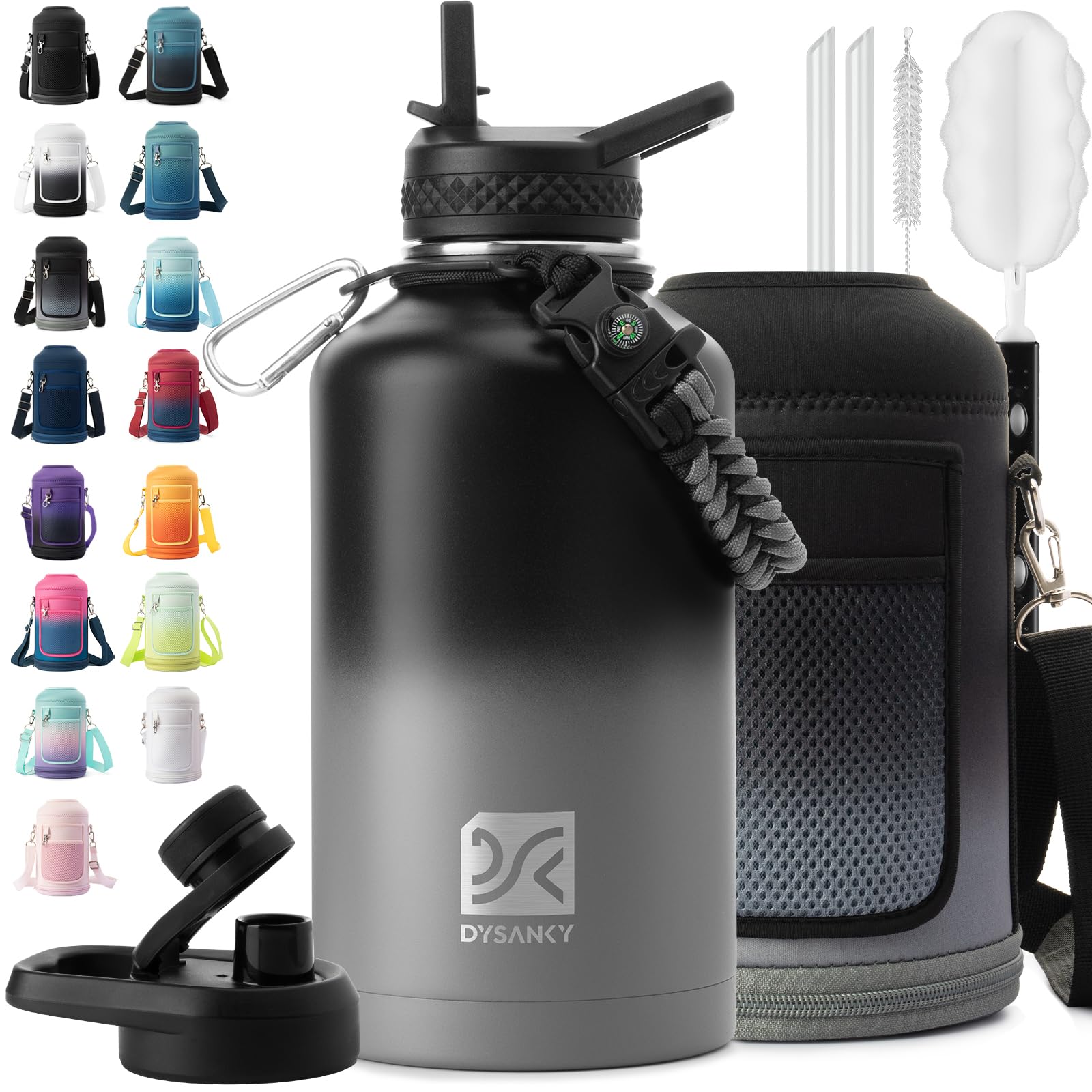 DYSANKY front view showing full 64oz bottle and sleek powder coat finish for durability