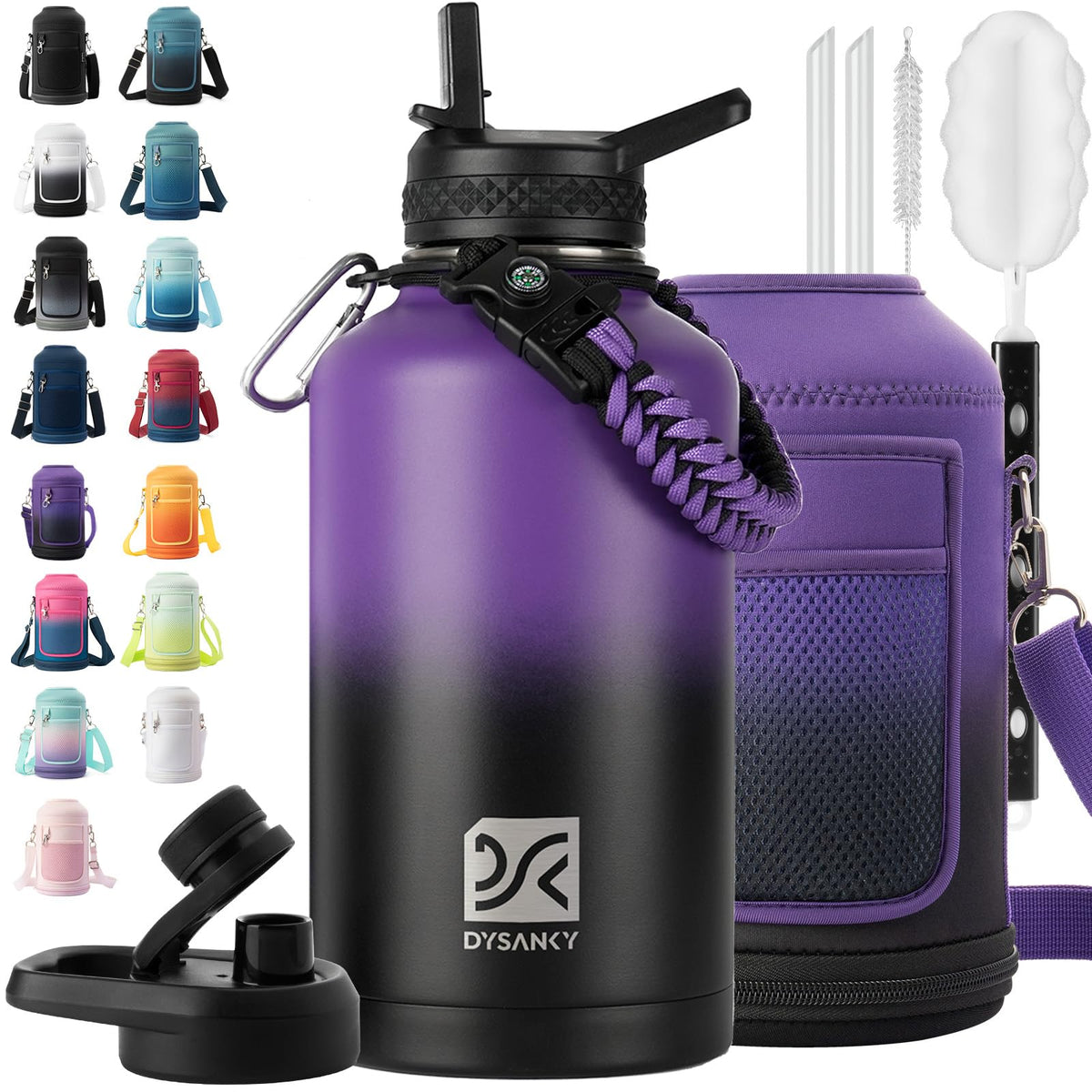 DYSANKY front view showing 64oz bottle with straw lid and easy sip benefit