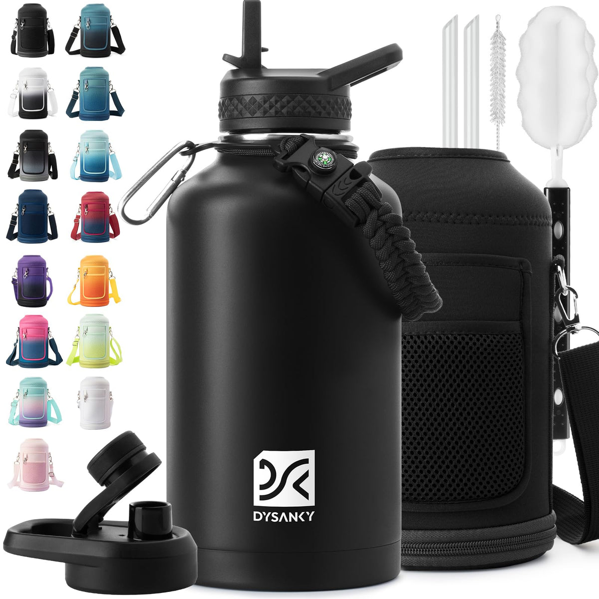 DYSANKY front view of 64oz bottle showing full size and brand, ideal for long outings