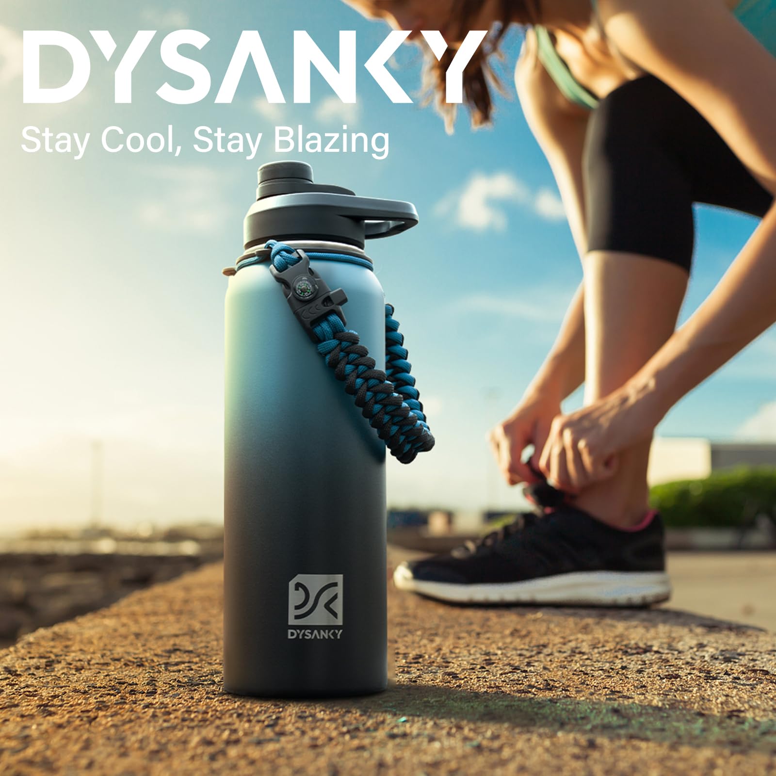 DYSANKY 40 oz bottle beside a backpack to illustrate size and travel readiness