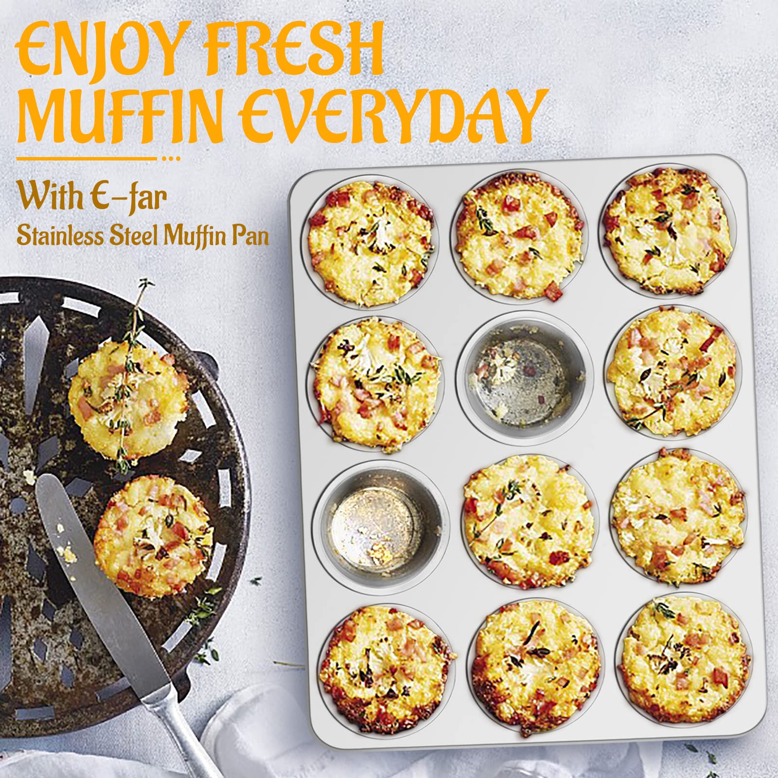E-far muffin pan in dishwasher illustrating easy cleanup and rust-resistant finish