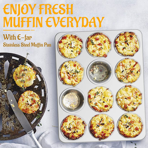 E-far muffin pan in dishwasher illustrating easy cleanup and rust-resistant finish