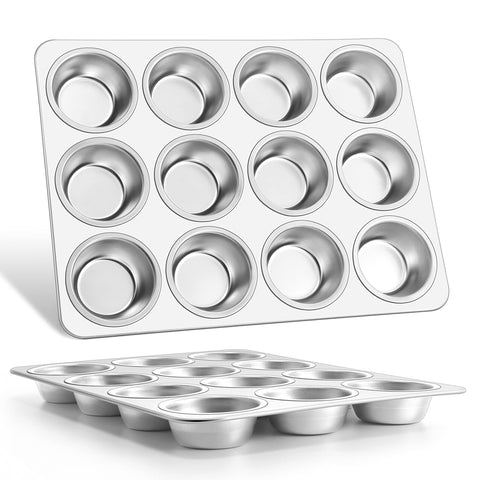 E-far muffin pan front view showing durable stainless steel and full 12-cup layout for even baking