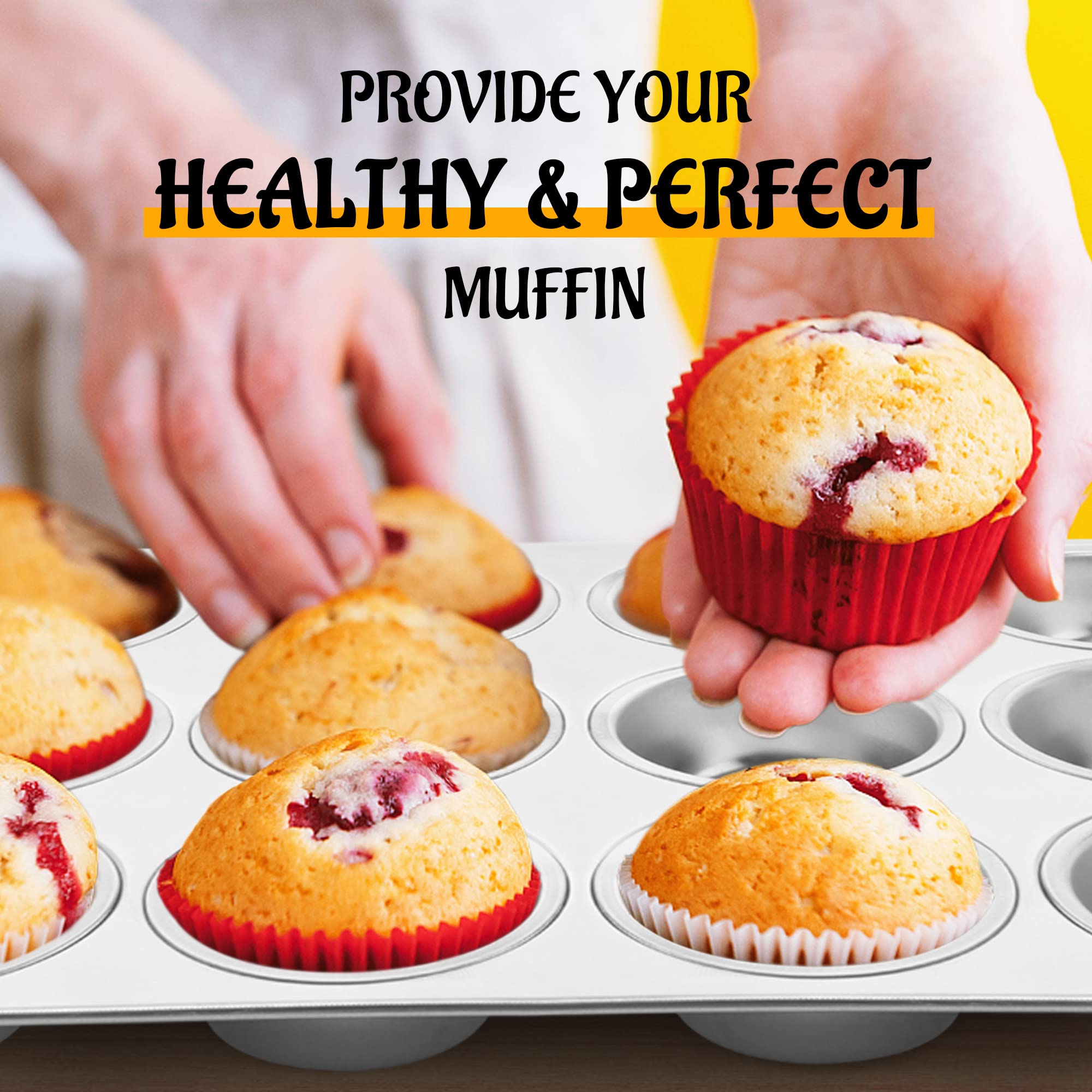 E-far muffin pan measurement zoom showing dimensions and medium cup depth for portion control