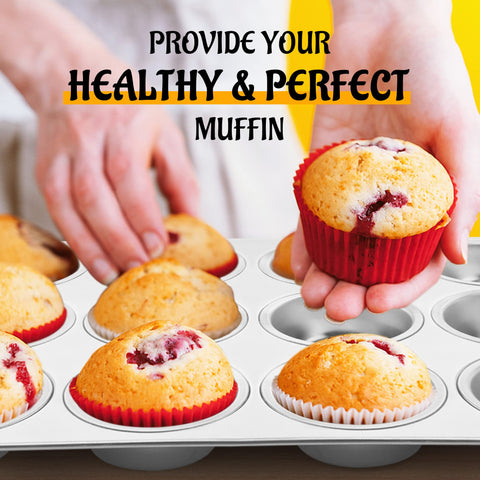 E-far muffin pan measurement zoom showing dimensions and medium cup depth for portion control