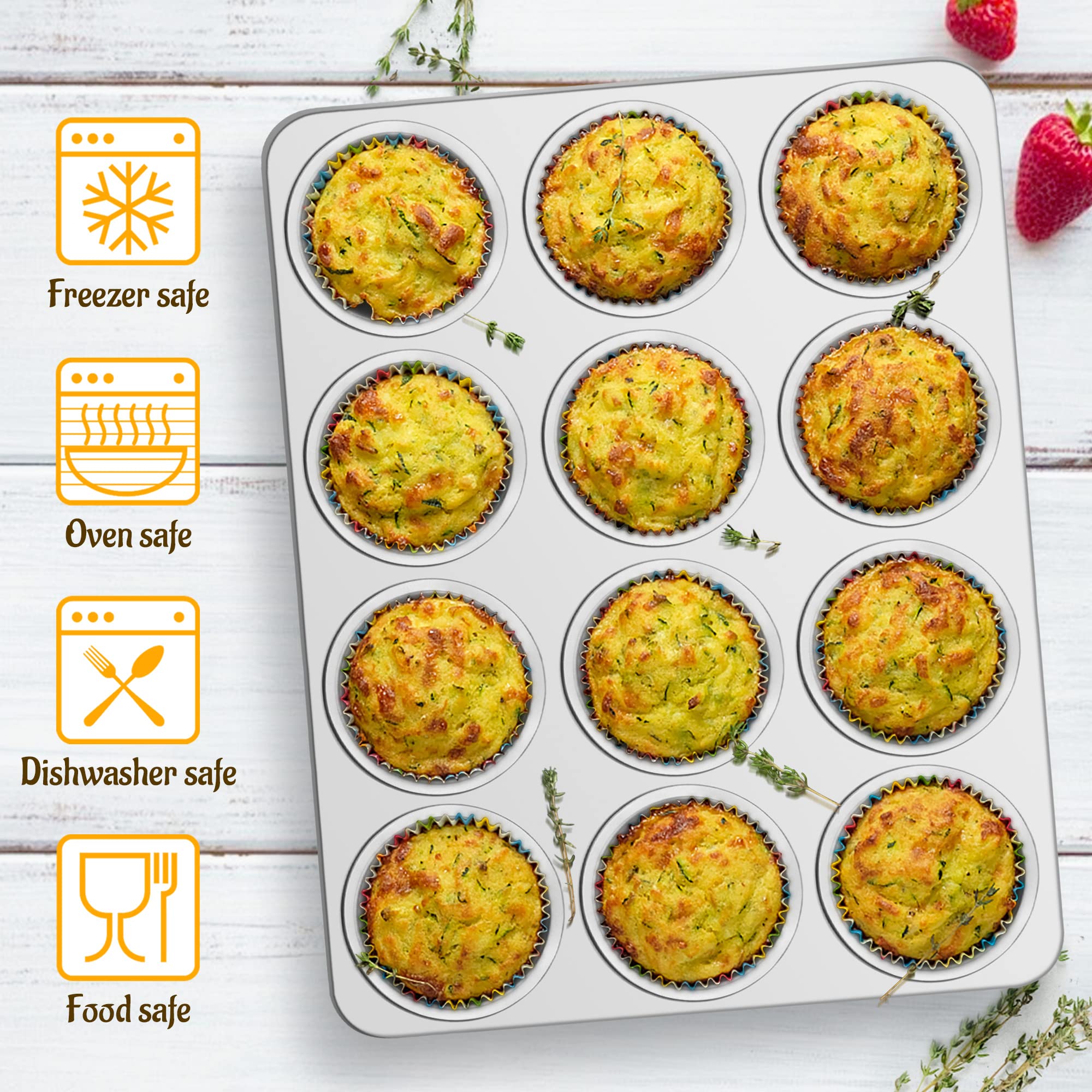 E-far muffin pans stacked to demonstrate space-saving design and easy storage