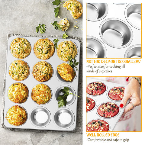 E-far muffin pan filled with baked cupcakes illustrating even browning and reliable results