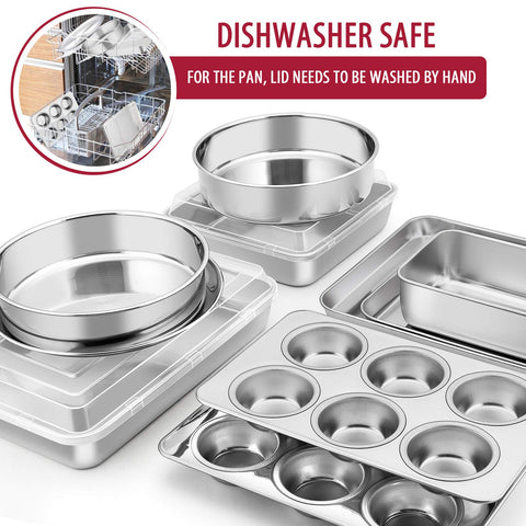 E-far pans next to measuring cup and oven mitt showing true-to-size scale